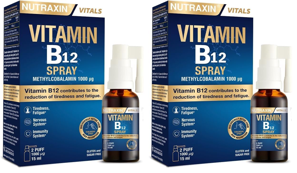 Nutraxin Vitamin B12 Sprey 1000 µg Metilkobalamin, Yüksek Emilim, Vegan Uyumlu, Ağız Yoluyla Takviye Edici Gıda, 15 ml (2 paketi)