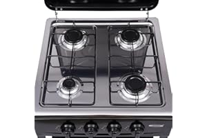 BIGGITTIG Réchaud à gaz 4 feux pour bouteille de gaz d'extérieur avec couvercles de feu en fer, noir, plaque de cuisson de camping, avec supports en fer, peut être utilisée pour les activités de plein air comme