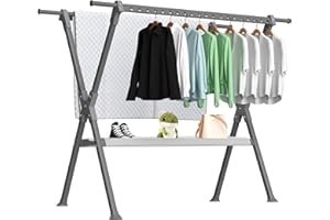 FREEAMG Clothes Drying Rack 94 Inches Folding Indoor Outdoor, Drying Rack Clothing Collapsible, Heavy Duty Laundry Rack Clothes Rack with 44 Windproof Holes, Adjustable Length 54-94in (Grey)