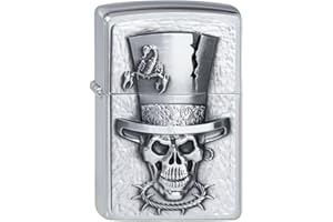 ZIPPO - Skull Top Hat, Emblem - Brushed Chrome - Essence Briquet Coupe-Vent, Rechargeable, dans Une boîte Cadeau de Haute qualité