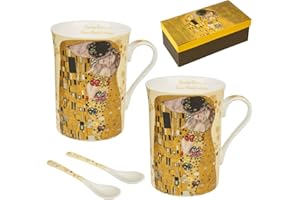 Queen Isabell - Set di 2 tazze da caffè da 250 ml, con cucchiaio per due peroni, il bacio di Gustav Klimt, idea regalo in porcellana