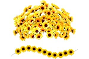 TIANNAIT 100 künstliche Sonnenblumenblütenköpfe, mit 1 geflochtenem Sonnenblumenhaarband, 4 cm künstliche Blumenköpfe, Partydekorationsblumen, Mini-Seidentuch-Blumen, geeignet für Hochzeiten und Büros