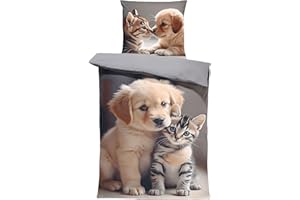 one-home Winter Biber Bettwäsche Baumwolle Kuschelig Flauschig Warme Weiche Flanell Bettbezüge Modern, Größe:2 teilig 135x200 cm, Farbe:Hunde Katzen Welpen grau