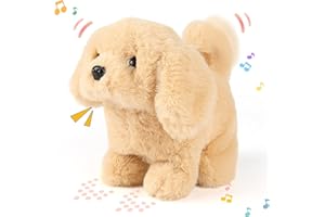 Hopearl Walking Dog Golden Retriever Interactive Electronic Pet Plush Toy Puppy Woof and Moving Animated Nodding Head Gift for Toddlers Birthday, Brown, 18cm