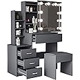 Blisswood Led Dressing Table With Lights, Mirror & Stool, Vanity Makeup Table, 4 Drawer 3 Shelves Storage Unit Cosmetic Bedroom Dresser Make Up Desk Stool For Bedroom Furniture (Grey)