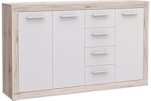 ‎FORTE FORTE Baccio Kommode mit 3 Türen und 4 Schubladen, Holzwerkstoff, Sandeiche / Weiß, 152.60 x 34 x 91.50 cm