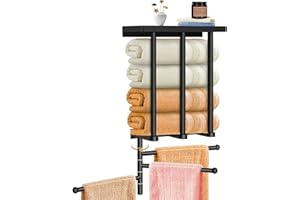 Forthcan Towel Rack Wall Mounted - 2 Tier Towel Racks with Towel Bar, Space-Saving Bathroom Towel Holder, Bathroom Towel Storage with 3 Swivel Hangers for Bathroom Storage & Organisation (Black)