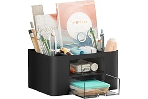 Wlevzzor Creative & Simple Desk Organiser, 7 Grids, Plastic Table Organiser with Drawer, Multifunctional Desk Organiser, Pen Holder for School, Office, Home (Black)
