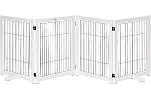PawHut Barrera de Seguridad Plegable para Perros Madera Rejilla de Protección de 4 Paneles para Mascotas con Patas para Puertas Escaleras Pasillos 264x35,5x77 cm Blanco