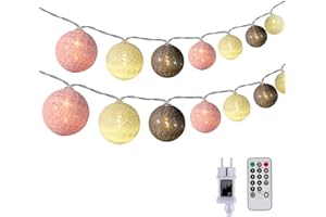 ‎DEEPDREAM DeepDream Kugeln Lichterkette 5m 20 LED Cotton Ball Lichterkette Dimmbar Baumwollkugeln Lichterkette Innen Lichterkette mit Fernbedienung und Timer für Zimmer Kinderzimmer Hochzeit Party (Rosa)