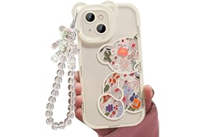 Jusy Compatible con iPhone 13, lindas flores florales oso cubierta con hermosa correa de muñeca pulsera para niñas mujeres, clara protección de cámara Kawaii bonita funda de teléfono de moda