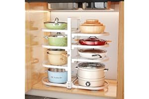 SAYZH Organizador Sartenes, Soporte para Ollas y Sartenes de Altura Ajustable y Desmontable de 8 Niveles para Almacenar Ollas y Sartenes, Tapas de Ollas, Platos, Inoxidable, Doble Cara, Blanco