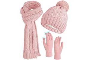 ILovDaisy Mütze, Schal & Handschuh-Sets für Damen Winter, Beanie Gestrickte Wintermütze mit Bommel, Thermo Winterhandschuhe Touchscreen, Warme Kuschelige Schal Winterset