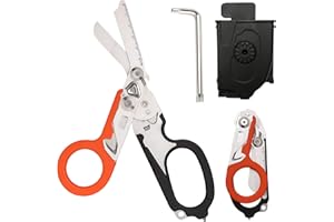 LEKEFETO Tijeras de rescate multifunción con vaina K negra, 6 en 1, tijeras profesionales para traumatismos, incluye llave ajustable (acero inoxidable 420HC, plegable) para servicios de emergencia