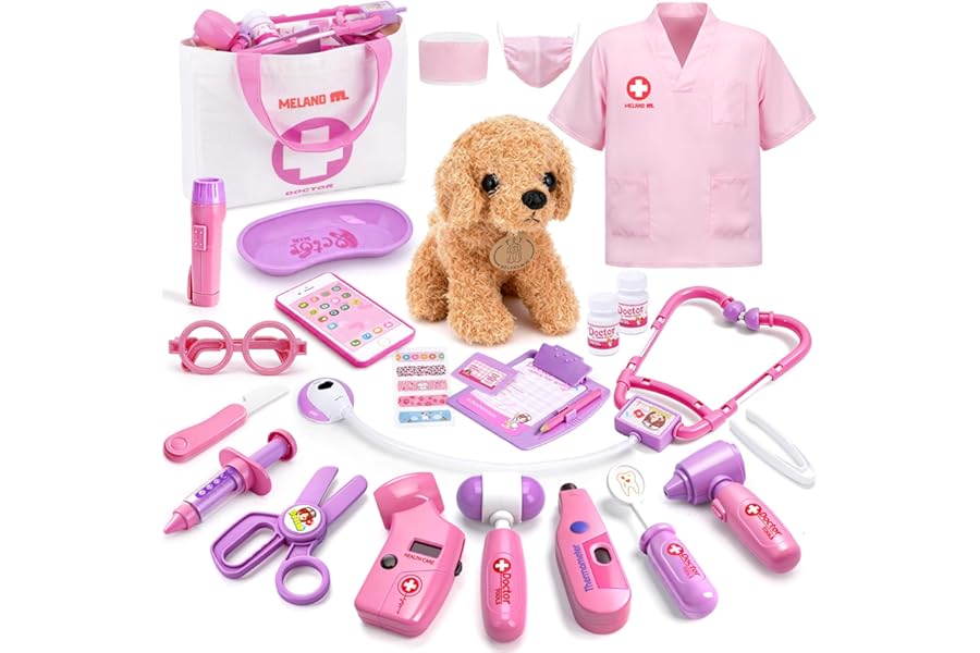MELAND Doctors Set for Kids, Toddler Pet Vet Set with Doctor Costume, Dog Doll, Doctor Pretend Role Play Toys for 3 4 5 6 Year Old Girls Boys Birthday