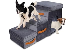 Pawchop Dog Steps for Sofa, Foldable Pet Steps with Storage Box, Non-slip Pet Ramp with Dogs House, Stable Dog Stairs for Small Dogs, Large Dog Steps Ladder for Bed Couch Sofa, Grey