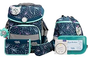 SCHOOL-MOOD Timeless Pro Schulranzenset 7-teilig 23,5L Stauraum, ergonomisches Easy Fit System für 1 m bis 1,50 m Körpergröße, standfest, wasserdichter Stoff mit Reflektoren (Lina Kätzchen)