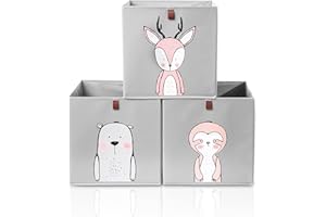 2friends 3 Kinder Aufbewahrungsboxen mit Schlaufe zum Herausziehen, 3er Set Kallax Boxen mit 3 Motiven, Aufbewahrungsbox Kinder 33x33x33 cm, stabil und abwaschbar, grau