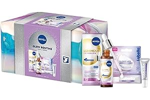 NIVEA Glow Routine Cofanetto regalo donna, Set regalo donna con Luminous630 Skin Glow Siero Viso Luminosità Immediata 30 ml, Labello Burrocacao Labbra Glowy Lips 10 ml e travel bag omaggio inclusa