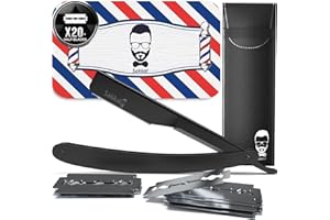 SAKKAL Navaja de Afeitar Hombre - Cuchilla de Afeitar de Barbero - Faca de Barbear Profesional - 20 Medias Cuchillas Dobles con Estuche de Cuero | Kit de Afeitado Clásico para Barba y Bigote (Negro 2)