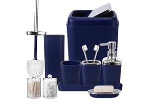 XLHOMO Bathroom Accessories Set 9-Piece Plastic Gift Set with Trash Can, Toothbrush Holder, Toothbrush Cup, Soap Dispenser, Soap Dish, Toilet Brush Holder, 2 Qtip Holder Dispensers and Tray (Navy Blue)