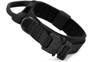 Huntvp Taktyczna obroża dla psa, regulowana, z uchwytem kontrolnym, wykonana z nylonu, wyściełana, metalowa klamra, dla średnich psów, na polowanie, trening, czas wolny, czarna, XL