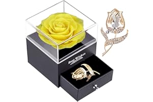 SWEETIME Real Preserved Rose Gift Box for Girlfriend and Wife, Never Withered Rose with Brooch, Upscale Immortal Flower,Handmade Eternal Forever Yellow Rose for Her on Valentine's Day,Mother's Day.