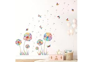 KAIRNE Stickers Muraux Pissenlit Coloré,Fleur Sticker Mural Enfants Fille,Autocollant Mural Pissenlits,Autocollant Mural Fleur,Sticker Mural Plantes de Chambre de Bébé Salon Cuisine Fenêtre Décoratifs