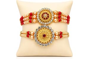 TIRTHANSH VOCATIONS Rakhi Gold Plated Kundan traditional (Set of 2) with Roli Chawal and Raksha Bandhan Greeting Card for Bro