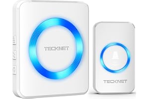 TECKNET Bezprzewodowy Dzwonek do Drzwi, Wodoodporny Bezprzewodowy Dzwonek Ściany z Zasięgiem 400m, 60 Dzwonki, 5-Poziomowa Głośność i Niebieskie Światło, Nie Wymaga Baterii, Najlepszy do Dzwonk