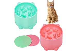 Hejo 2-Pack Raised Slow Feeder Cat Bowls with Anti-Skid Mat, Elevated Pet Food Dishes for Neck Support - Ergonomic Plastic Feeding Bowls in Pink & Green
