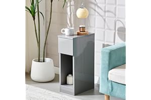 SANERY Slim Bedside Table Bedroom Nightstand with Open Shelf & Drawer, Narrow End Table Sofa Side Table for Living Room, Compact Wooden Lamp Table Telephone Table for Home Office, High Gloss Grey