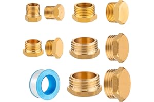 POPAPIE 10 Pz Tappo in Ottone 1/8 1/4 1/2 3/4 3/8 Pollice Tappo Esagonale in Ottone Tappi Ciechi per Tubo Dell'acqua con Cintura di Materie Prime per Impianto di Acqua Potabile e Riscaldamento