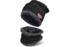 WEITOO Winter Beanie Hat & Scarf Set, Warm Knitted Hat and Circle Scarf, Skiing Neck Warmer, Outdoor Sports Set with Fleece Liner, Gifts for Men & Women
