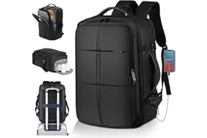 KKNE Mochila Viaje - Expandible, Mochila Grande, Mochila Viaje Cabina Avion, Adecuado tanto para hombres como para mujeres, Con puerto de carga USB, Negro