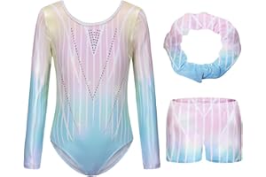 Hotfiary Gymnastics Leotards for Girls Long Sleeve/Sleeveless Sparkle Dance Leotard with Tumbling Gymnastics Shorts Ballet Dancewear for Kids 5-14 Years