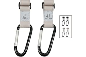 Ganchos Carro Silla Bebé de Lujo de marca Vizaro - 2 uds - Para Colgar Bolsas, Mochilas, etc - Correa de Cuero Blanco Abalone Alta Resistencia Hasta 15kg Peso - Argolla Cerrada Grande