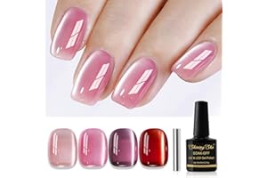 Shining She Magnetic Cat's Eye Gel Nail Polish - 4 Colours in Nude, Pink, Red - UV/LED Soak-Off Jelly Glass Crystal - 8 ML