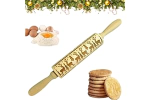 YISKY Rouleau à Biscuits, Rouleau à pâtisserie en Bois Écologique Motif de Cerfs de Noël Gaufrage Gravé Bâtonnets de Bois pour DIY Fondant Gâteau Pâte à Biscuits Cookies (C)