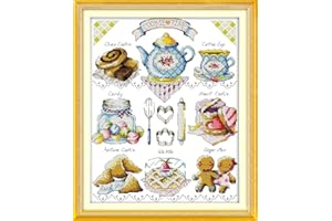 LECZANY Kit Punto a Croce 11CT Tessuto Stampato 46x56cm Kit Ricamo Fai da te Ingresso emplice - Stampa Per Ragazze Artigianato Articoli DMC Ricamo - Torta al tè