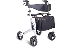 ELITE CARE Ultra Lightweight Folding rollator Walking Frame Wheeled Walker with seat, Cane Holder and Locking Brakes - Lightest in The UK (Silver)