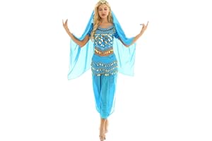 winying 4Pcs Robe Danse du Ventre Indienne Femmes Ensemble Danse Latin Samba Salsa Top Paillette Costume Carnaval Fete Déguisements Princesse Inde Dansewear