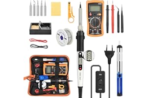 BILIVRY Saldatore a Stagno, Kit Saldatore a Stagno 18 pcs, Temperatura Regolabile da 200~450 ℃, Multimetro, Punte per Saldatore 5 pcs, Pompa Dissaldante, Spelafili, Filo per Saldatura, Supporto per Saldatore