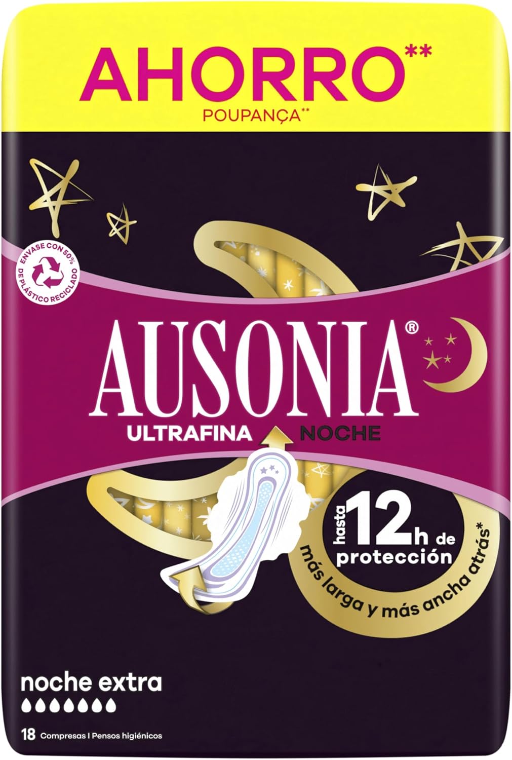 Ausonia Compresas Ultrafina Noche Extra Con Alas, 18 unidades, Doble Cobertura en la parte Delantera Y Trasera, Protección Durante La Noche