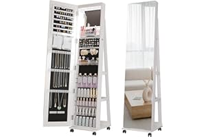 Gurexl 360° Swivel Mirrored Jewelry Armoire with 6 LEDS, Full Length Mirror with Jewelry Storage, Lockable Floor Standing Mirror with 4 Lockable Wheels for Cloakroom, Bedroom(White)