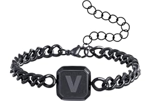 MISS CHIPMUNK Initial Bracelet Black Squre A-Z Letter Cuban Link Chain Mens Bracelets Adjustable Size Stainless Steel Men Jewelry Valentine's Day Gifts for Husband Dad Brother Son