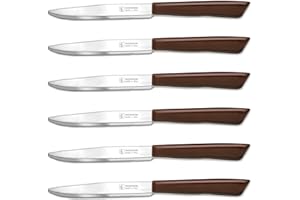 INOXBONOMI Set di 6 coltelli da cucina italiani da 11 cm, lama ondulata extra affilata, coltello da tavola, manico ergonomico, lavabili in lavastoviglie (marrone)