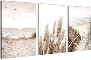 Novart Tableaux Decoration murale Boho Pampasgras Plage Vintage - PAS DE CADRE NÉCESSAIRE - Salon Chambre XXL - N003936a