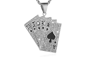 AsAlways Hip Hop Rock Playing Card Poker CZ Pendant Good Luck Royal Flush Ace of Spade Stainless Steel Necklace(Silver)