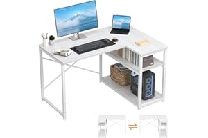 TRIUMPHKEY Scrivania ad Angolo Reversibile 110 x 80cm, Scrivania a Forma di L con Ripiani,Tavolo da Lavoro,Struttura in Acciaio, per Computer, Ufficio, Studio and Soggiorno, Bianco